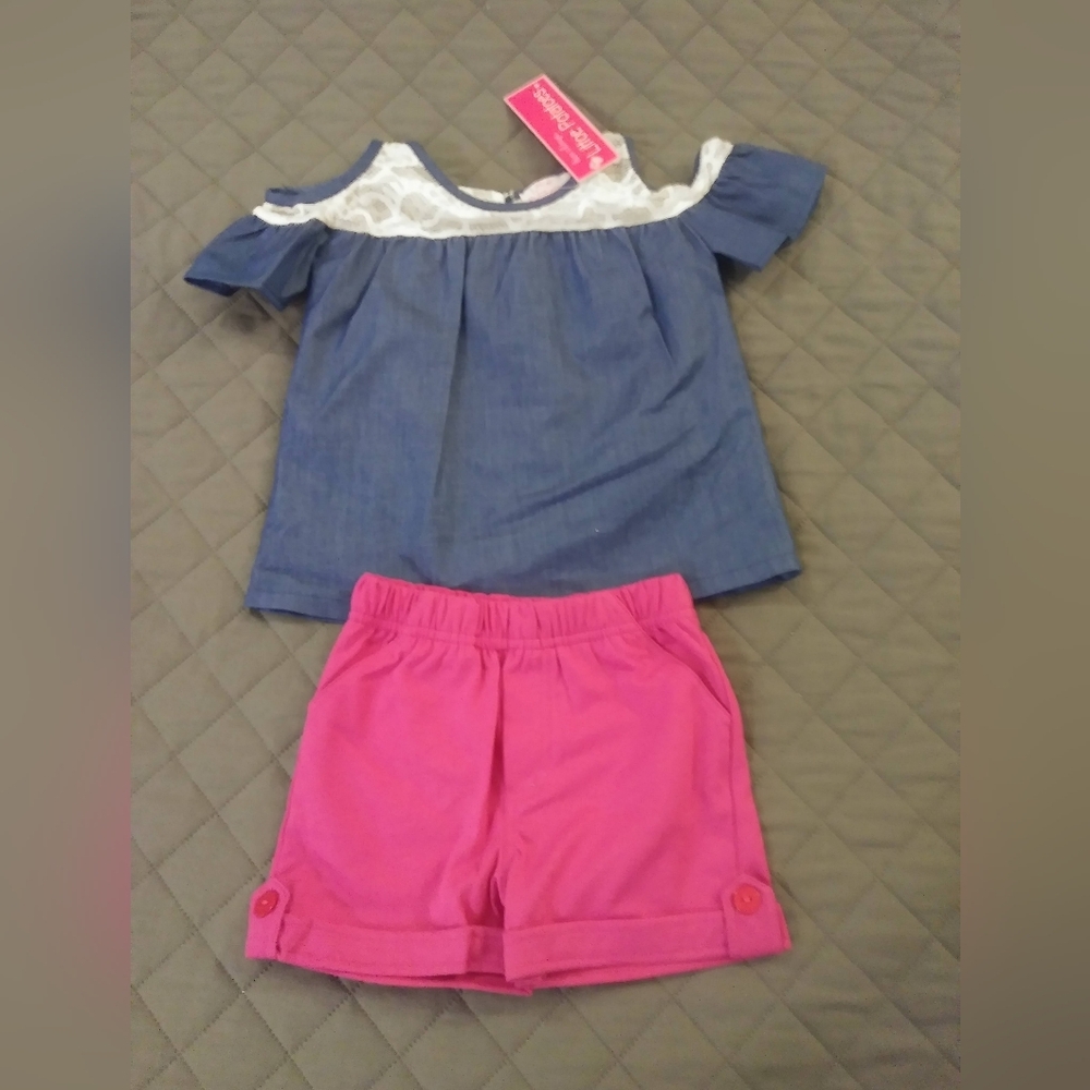 Blue Off-Shoulder Top and Pink Shorts Set